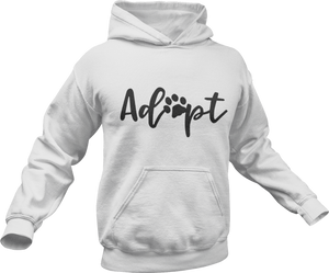 Adopt printed on a white hoodie