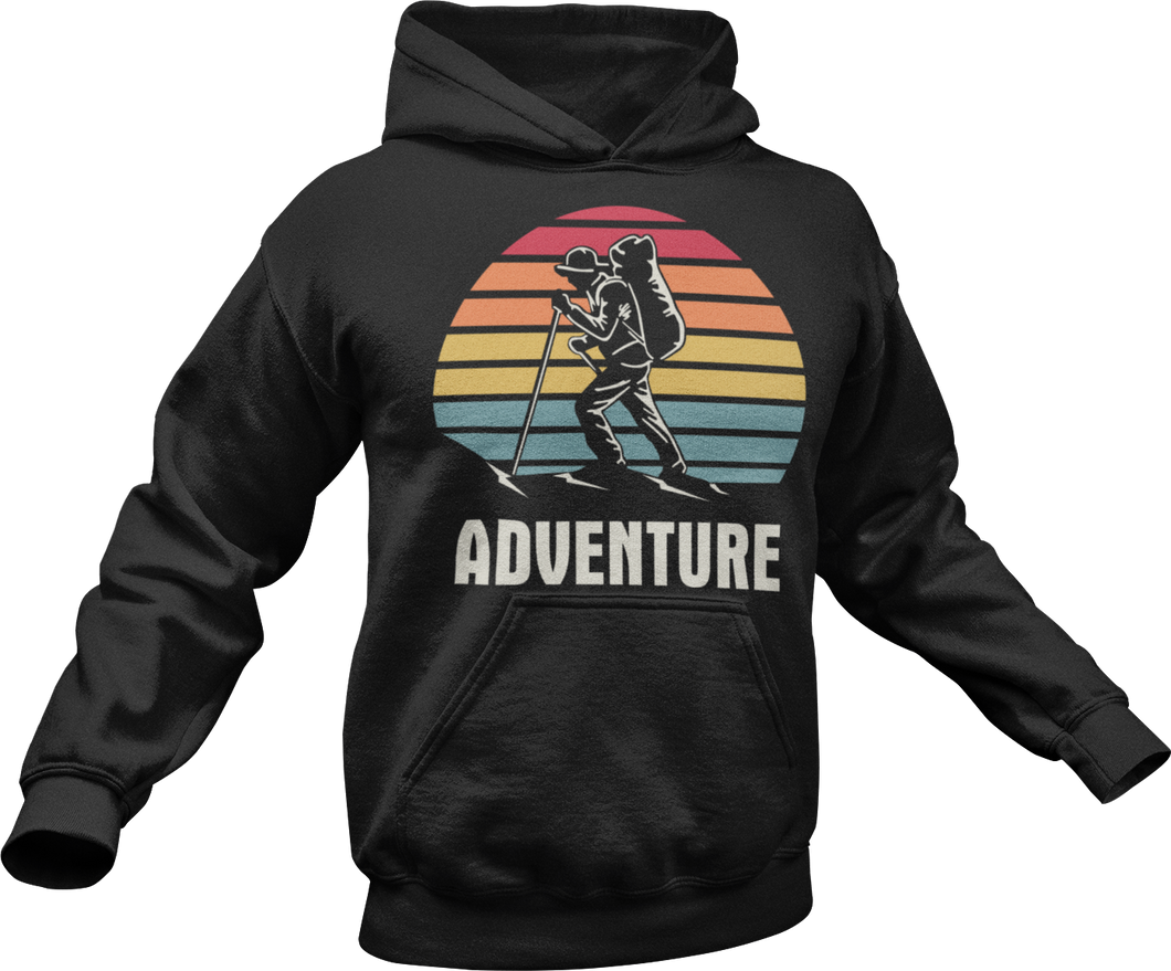 Guy hiking with adventure text printed on a black hoodie