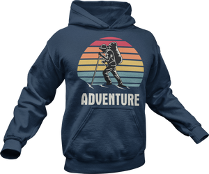 Guy hiking with adventure text printed on a blue hoodie