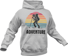 Load image into Gallery viewer, Guy hiking with adventure text printed on a grey hoodie
