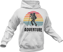 Load image into Gallery viewer, Guy hiking with adventure text printed on a white hoodie
