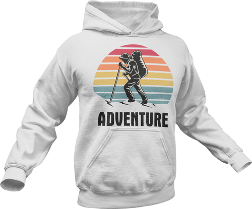 Guy hiking with adventure text printed on a white hoodie