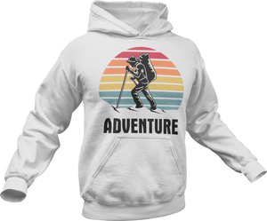 Guy hiking with adventure text printed on a white hoodie