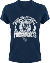 Load image into Gallery viewer, All men are created equal then they become firefighters T-Shirtdad, fatherhood, Fathers day, Firefighter, fireman, Ladies, Mens, Unisex
