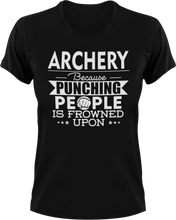 Load image into Gallery viewer, Archery not punching T-Shirtarchery, Because punching people, hunting, Ladies, Mens, sport, Unisex
