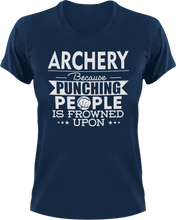 Load image into Gallery viewer, Archery not punching T-Shirtarchery, Because punching people, hunting, Ladies, Mens, sport, Unisex
