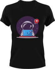 Load image into Gallery viewer, Astronaut on computer T-Shirtastronaut, computer, Ladies, Mens, space, Unisex
