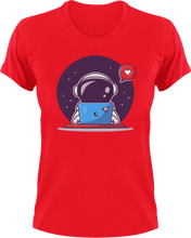 Load image into Gallery viewer, Astronaut on computer T-Shirtastronaut, computer, Ladies, Mens, space, Unisex
