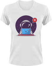 Load image into Gallery viewer, Astronaut on computer T-Shirtastronaut, computer, Ladies, Mens, space, Unisex
