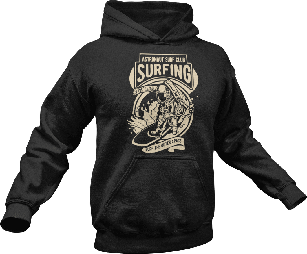 Astronaut Surf club printed on black hoodie
