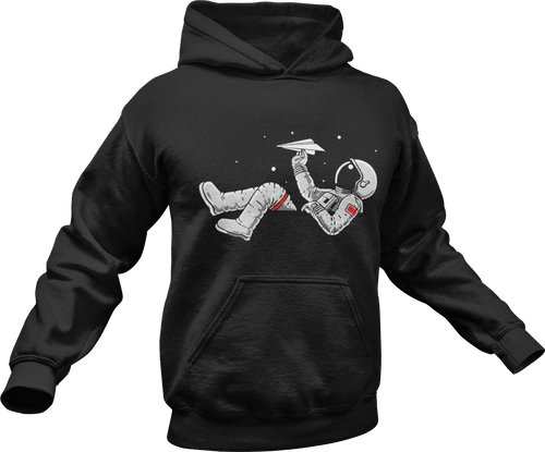 Astronaut playing with paper plane while floating in space printed on a black hoodie
