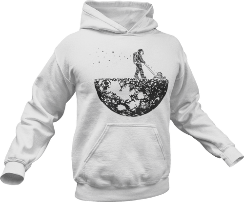 Astronaut mowing the moon printed on a white hoodie