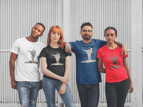 Astronaut on Moon Hiking to Earth printed on a group of friends coloured t-shirts