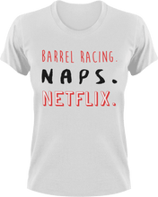 Load image into Gallery viewer, Barrel Racing naps and Netflix T-ShirtBarrel racing, horses, Ladies, Mens, naps, Netflix, Unisex
