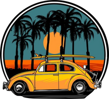 Load image into Gallery viewer, Beetle with Surfboards Against Sunset Tshirt
