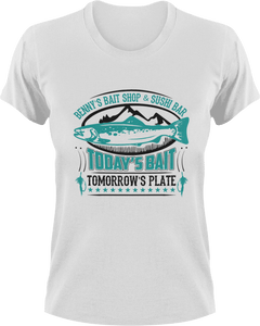 Benny's bait shop and sushi bar T-Shirtdad, Dad Jokes, fatherhood, Fathers day, fishing, Ladies, Mens, Unisex