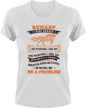 Load image into Gallery viewer, Beware I ride horses T-Shirt 2horses, Ladies, Mens, Unisex
