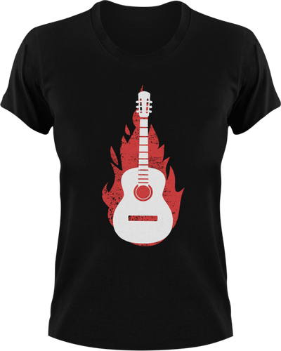 Burning Guitar T-Shirtburning, fire, guitar, Ladies, Mens, music, music lover, musician, rock music, Unisex