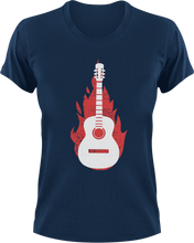 Load image into Gallery viewer, Burning Guitar T-Shirtburning, fire, guitar, Ladies, Mens, music, music lover, musician, rock music, Unisex
