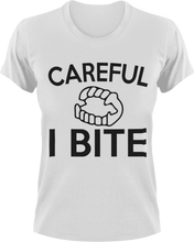 Load image into Gallery viewer, Careful I Bite T-Shirtbite, Halloween, Ladies, Mens, Unisex
