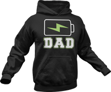 Load image into Gallery viewer, Charging dad battery printed on a black Hoodie
