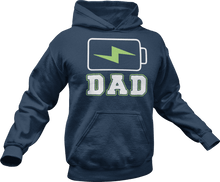 Load image into Gallery viewer, Charging dad battery printed on a navy Hoodie
