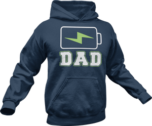 Charging dad battery printed on a navy Hoodie