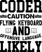 Load image into Gallery viewer, Coder Caution Flying Keyboard Funny T-Shirtcaution, Caution Flying Items and Offensive Language, code, coder, coding, Computer Programmer, funny, keyboards, Ladies, Mens, Unisex, whistle
