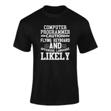 Load image into Gallery viewer, Computer Programmer Caution Flying Keyboard Funny T-Shirtcaution, Caution Flying Items and Offensive Language, computer, Computer Programmer, funny, keyboards, Ladies, Mens, programming, Unisex
