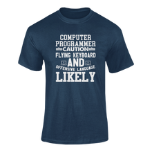 Load image into Gallery viewer, Computer Programmer Caution Flying Keyboard Funny T-Shirtcaution, Caution Flying Items and Offensive Language, computer, Computer Programmer, funny, keyboards, Ladies, Mens, programming, Unisex
