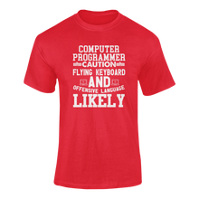 Load image into Gallery viewer, Computer Programmer Caution Flying Keyboard Funny T-Shirtcaution, Caution Flying Items and Offensive Language, computer, Computer Programmer, funny, keyboards, Ladies, Mens, programming, Unisex
