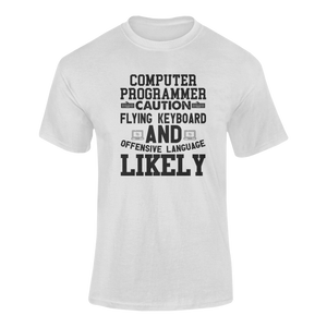 Computer Programmer Caution Flying Keyboard Funny T-Shirtcaution, Caution Flying Items and Offensive Language, computer, Computer Programmer, funny, keyboards, Ladies, Mens, programming, Unisex