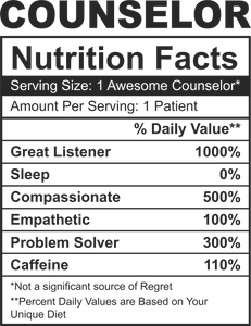 Counselor Nutrition Facts Funny T-ShirtCounselor, funny, Ladies, Mens, Nutrition Facts, Unisex