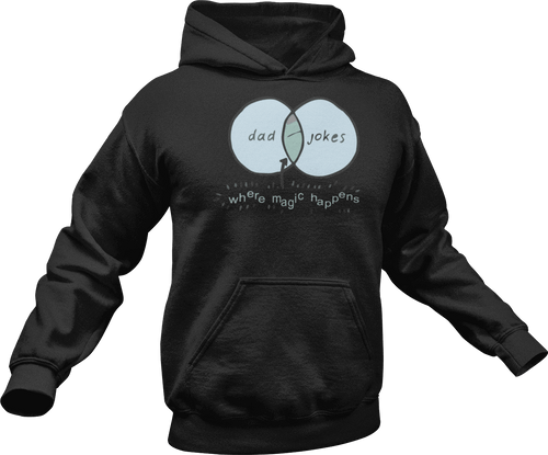 Dad + Jokes = where the magic happens printed on a black Hoodie