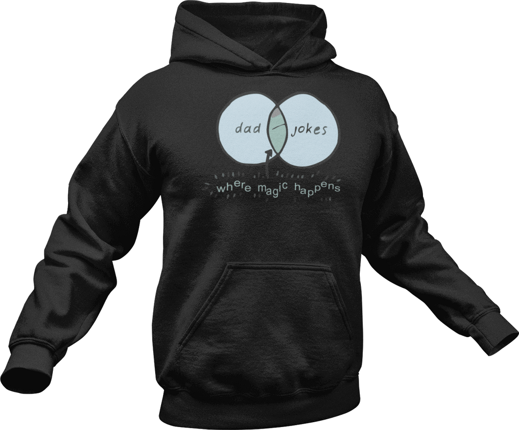 Dad + Jokes = where the magic happens printed on a black Hoodie