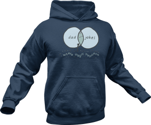 Dad + Jokes = where the magic happens printed on a navy Hoodie