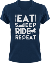 Load image into Gallery viewer, Eat sleep ride repeat T-Shirteat, fast food, food, horse, horses, Ladies, Mens, race, ride, sleep, Unisex
