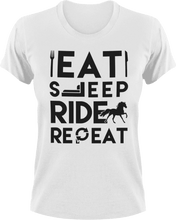 Load image into Gallery viewer, Eat sleep ride repeat T-Shirteat, fast food, food, horse, horses, Ladies, Mens, race, ride, sleep, Unisex
