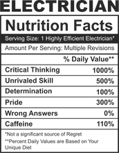 Load image into Gallery viewer, Electrician Nutrition Facts Funny T-ShirtElectrician, funny, Ladies, Mens, Nutrition Facts, Unisex
