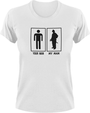 Load image into Gallery viewer, My Man Your Man Firefighter T-Shirtcouple, couples, fire, Firefighter, firefighter mom, fireman, firetruck, Ladies, Mens, Unisex
