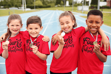 Load image into Gallery viewer, Four and fabulous printed on kids showing of their champion medals shirts
