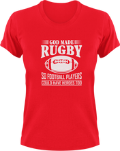 Load image into Gallery viewer, God Made Rugby So Football Players Could Have Heroes Too T-ShirtFootball, hero, Ladies, Mens, rugby, sport, superhero, Unisex
