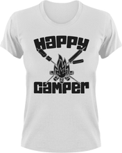 Load image into Gallery viewer, Happy camper T-Shirt 1Adventure, campfire, camping, happiness, happy, Ladies, Mens, Unisex
