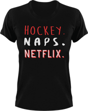 Load image into Gallery viewer, Hockey naps and Netflix T-ShirtHockey, Ladies, Mens, naps, Netflix, Unisex
