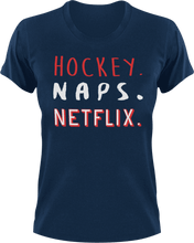 Load image into Gallery viewer, Hockey naps and Netflix T-ShirtHockey, Ladies, Mens, naps, Netflix, Unisex
