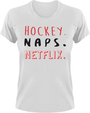 Load image into Gallery viewer, Hockey naps and Netflix T-ShirtHockey, Ladies, Mens, naps, Netflix, Unisex
