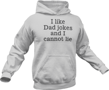 Load image into Gallery viewer, I like dad jokes and cannot lie printed on a grey melange Hoodie
