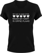 Load image into Gallery viewer, My Gat Is Innie Stad Maar My Hart Is Oppie Plaas Afrikaans T-Shirtafrikaans, boer, City, hart, heart, house, huis, Ladies, Mens, Plaas, stad, Unisex
