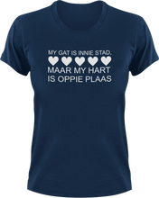 Load image into Gallery viewer, My Gat Is Innie Stad Maar My Hart Is Oppie Plaas Afrikaans T-Shirtafrikaans, boer, City, hart, heart, house, huis, Ladies, Mens, Plaas, stad, Unisex
