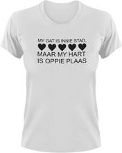 Load image into Gallery viewer, My Gat Is Innie Stad Maar My Hart Is Oppie Plaas Afrikaans T-Shirtafrikaans, boer, City, hart, heart, house, huis, Ladies, Mens, Plaas, stad, Unisex
